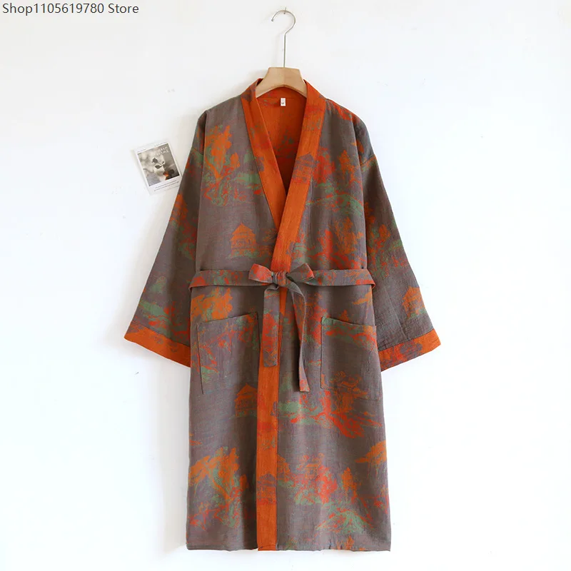 Soft Jacquard Yarn Dyed Cotton Kimono Bathrobe Women Loose Home Sleep Cosplay Spring Autumn Daily Casual Dressing Gown Outfit