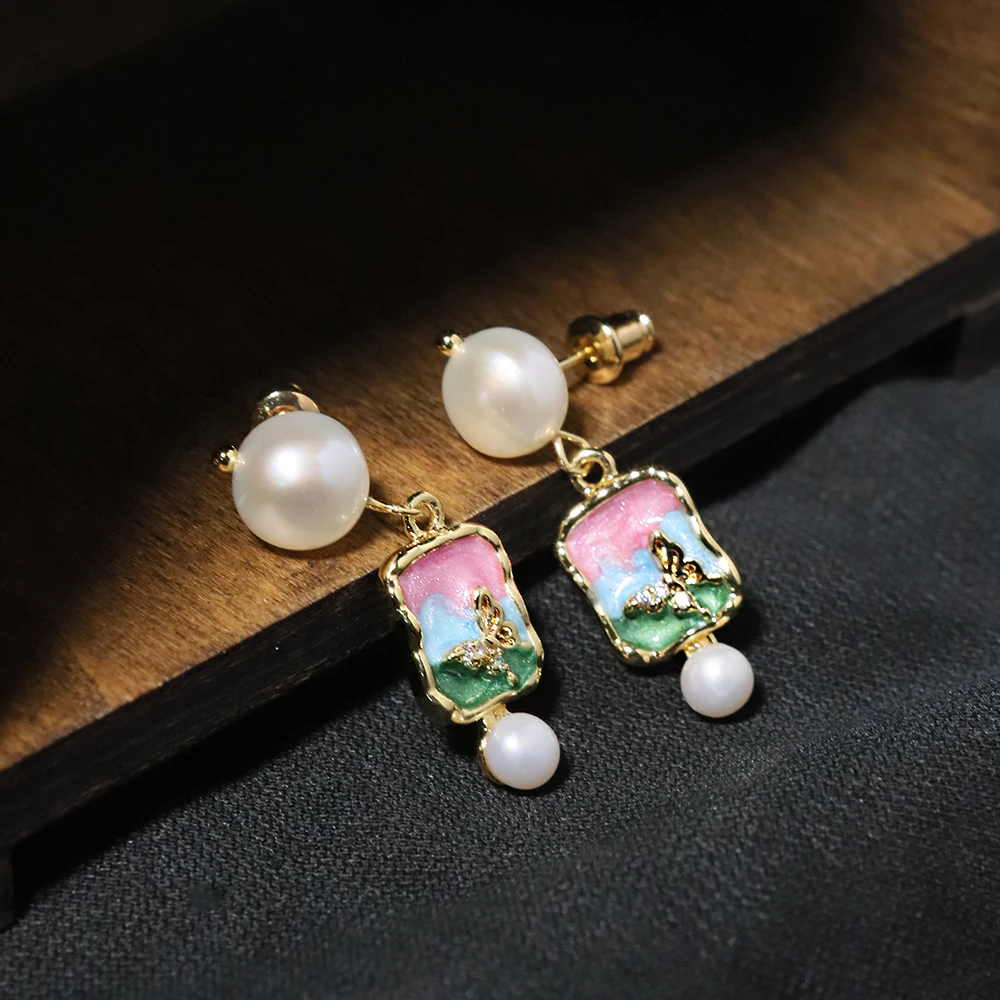 Natural Freshwater Pearl Oil Painting Earrings Korean Style Women Luxury Jewelry Fashion Ladies and Girls Gift GE1571