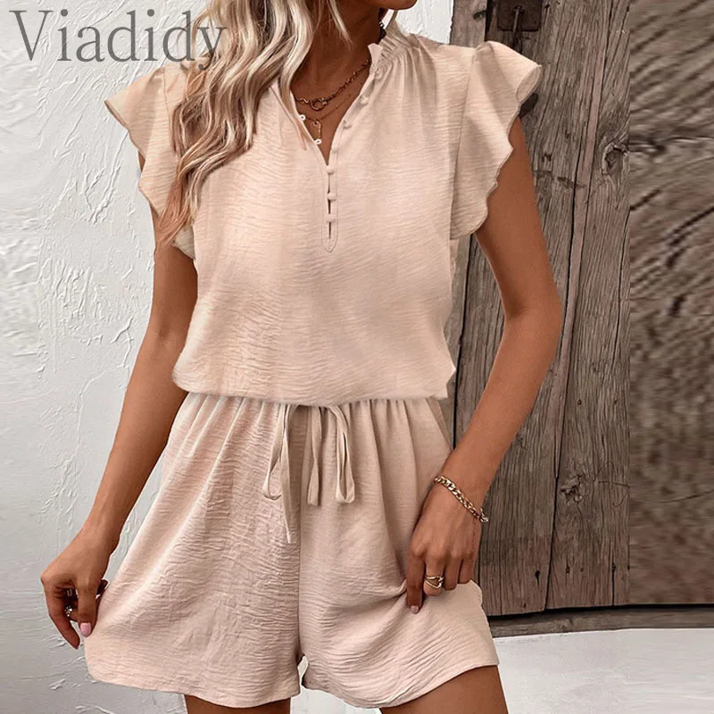 

Women Casual Solid Color Flying Sleeve Button Front Lace-up Playsuits