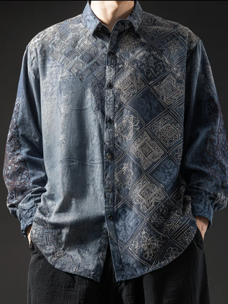 Chinese Style Bamboo Splicing Men's Shirt Military Green Contrasting Color Lapel Long Sleeved Retro Casual Shirt