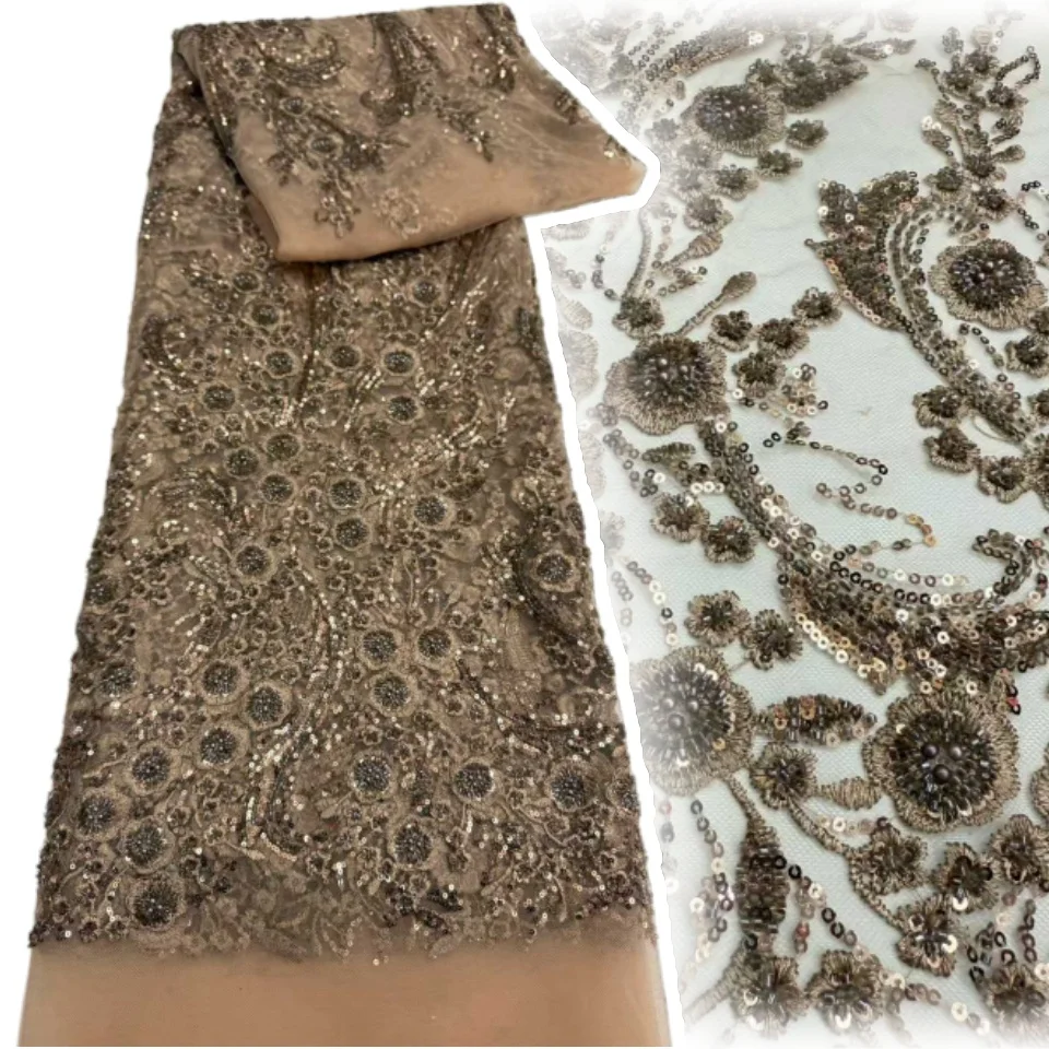 

High-End African Groom Embroidered Beaded Lace Fabric 2026 Nigeria Sequins Custom Lace Fabric Party Wedding Dress Sewing 2254