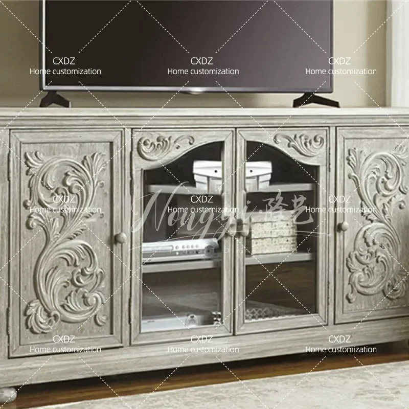 Solid Wood Carved Floral TV Cabinet Retro Style Sideboard for Small Apartment Living Room Dining Area Storage Furniture