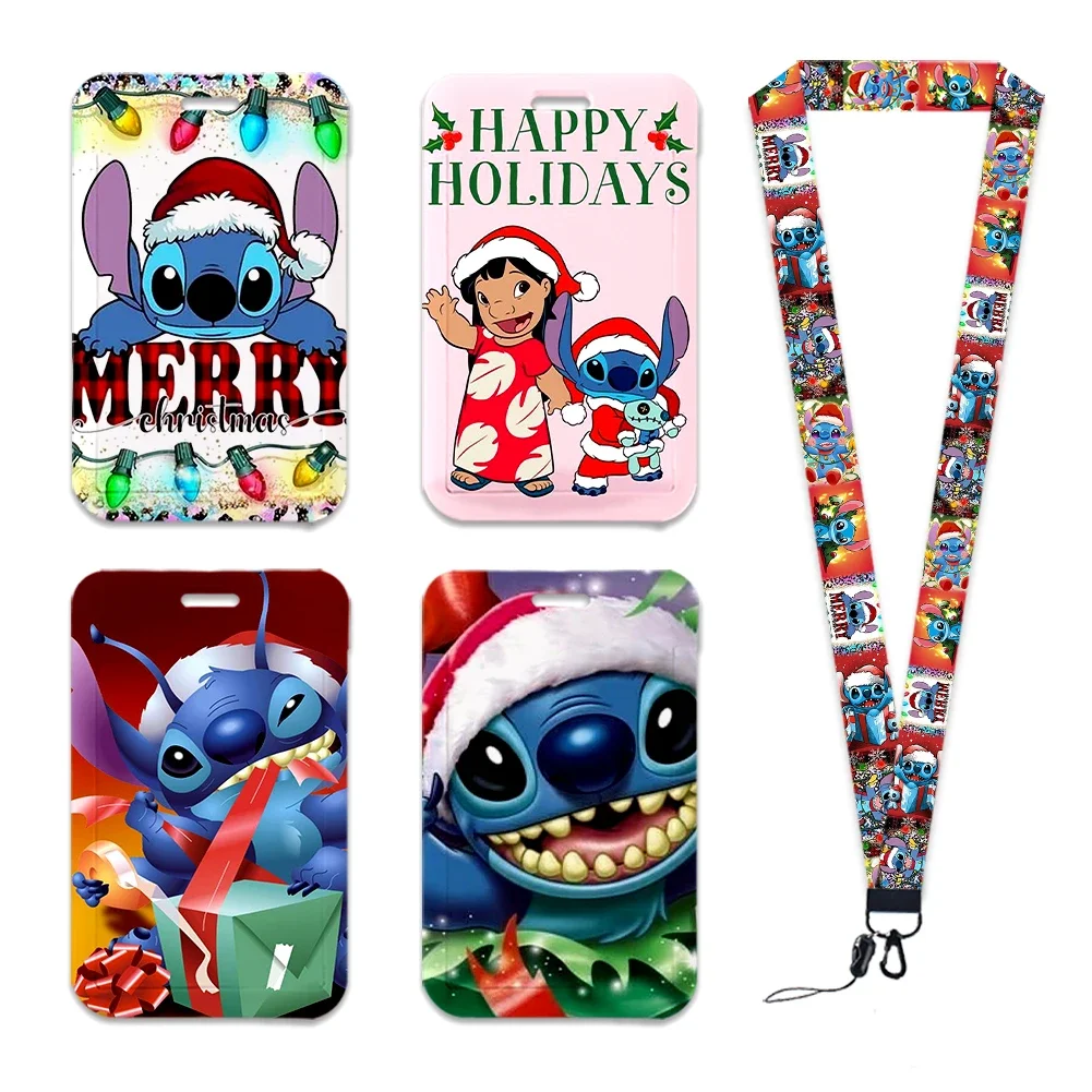 Disney-llaveros de Lilo Stitch de Navidad, cuerda para llaves, tarjeta de identificación, soporte para insignia de tarjeta de trabajo, cordón para tarjeta de identificación de estudiante, regalo pequeño