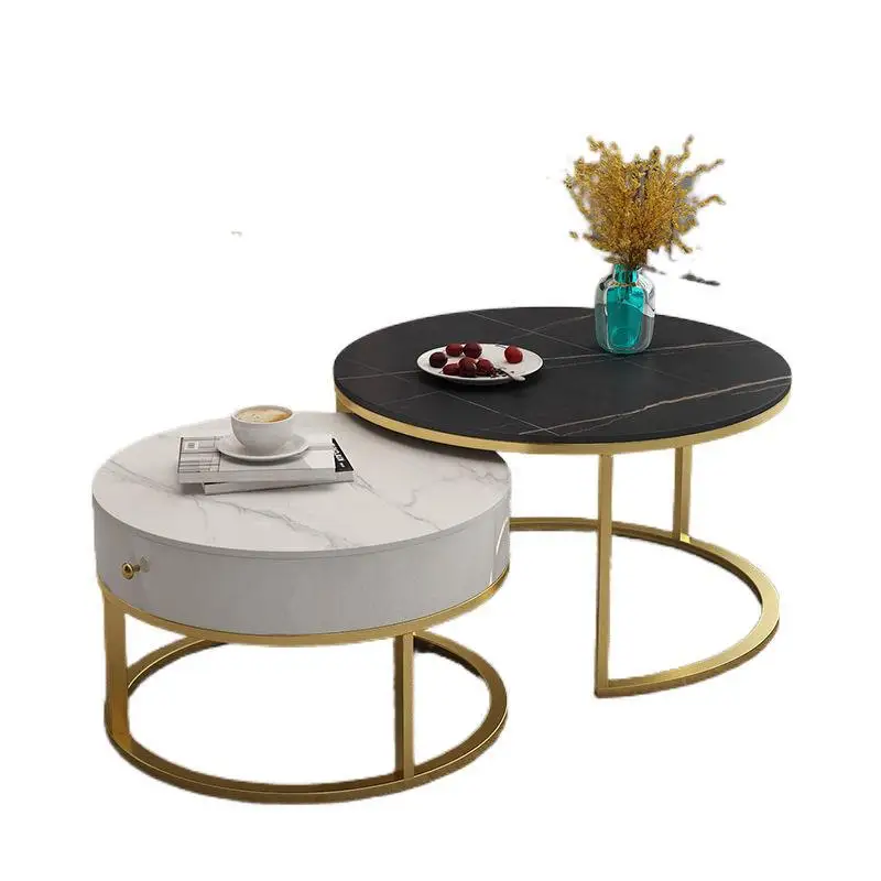 

Double bed light luxury rock slab Nordic size round coffee table combination