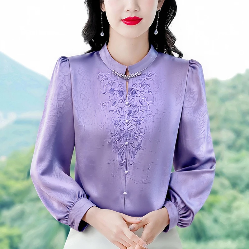 

Elegant Fashion Women Blouse 2025 Autumn New Fashion Korean Embroidered Beaded Tops Long Sleeve Satin Shirt