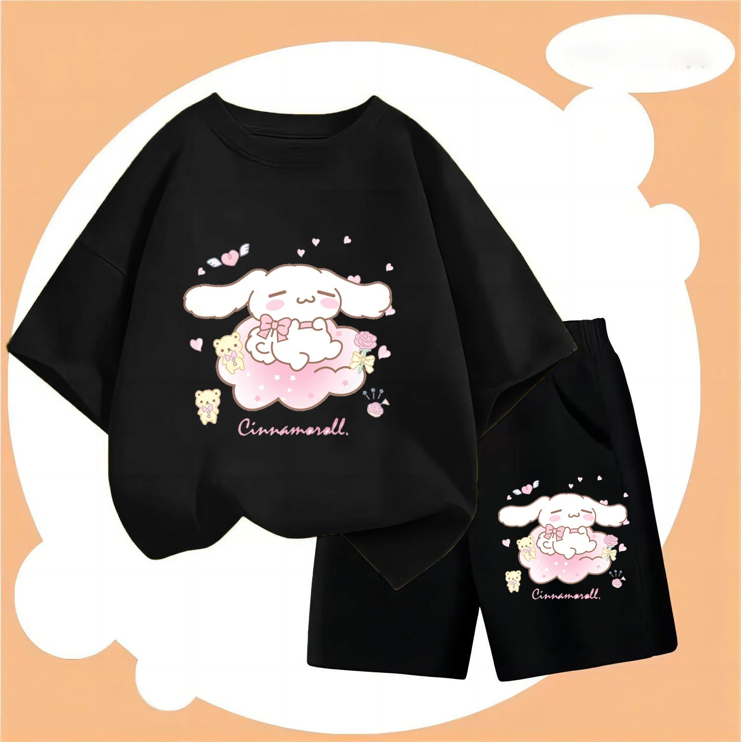 

New Sanrio Kids Summer T-Shirt Shorts 2Pc/Sets Anime Kuromi Cinnamorol Cartoon Boys Girl Clothes Tracksuit Sportswear Casual