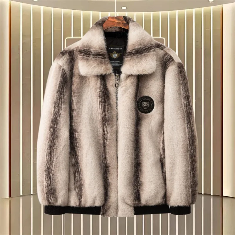 Men Turn-down Collar Zipper Long Sleeve Casual Elegant Luxury Faux Fur Jackets Winter New Fashion American European Coats Tops