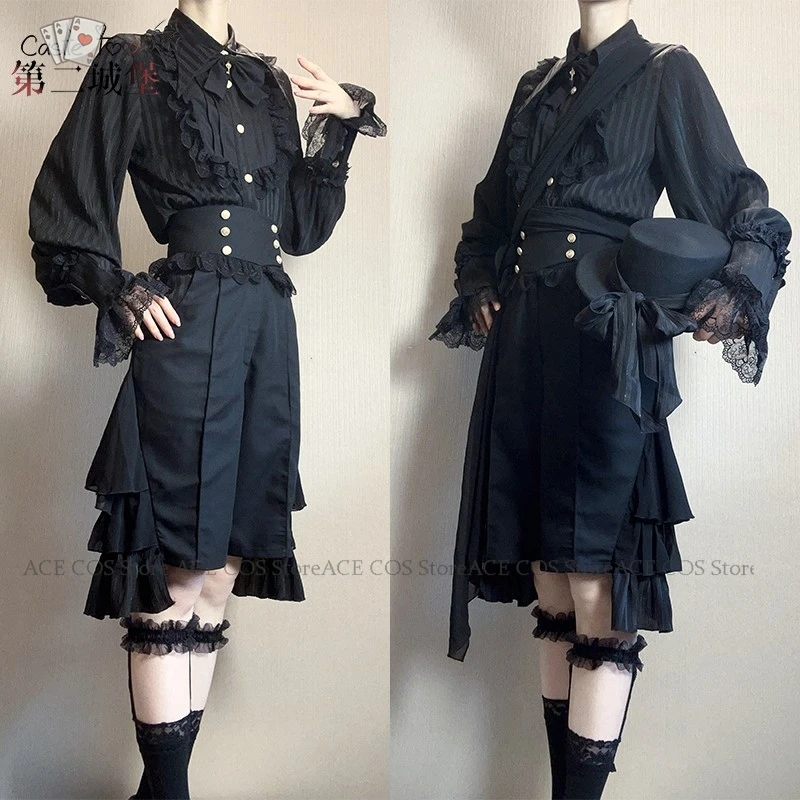 Disfraz هالوين المرأة جيراي كي Ouji نمط الزي لوليتا القرون الوسطى بلوزة يتوهم بدلة سوداء تأثيري القوطية السراويل للجنسين Prin