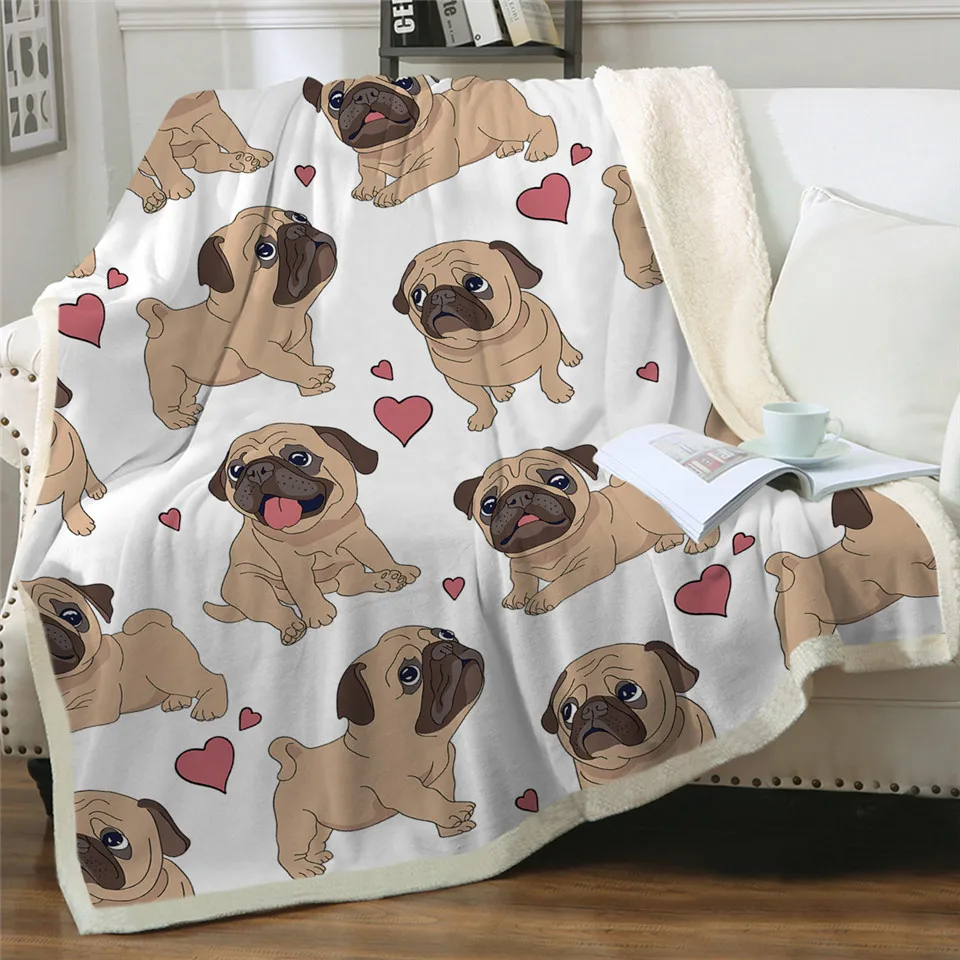 Hippie Pug Sherpa Blanket on Bed Animal Cartoon Dog Plush Throw Blanket Bedspread Christmas Bulldog Sofa Cover