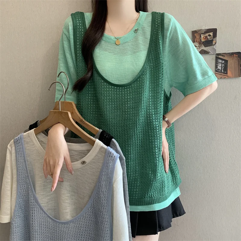 

2026 New plus Size Summer Outfit Two Piece Set Tank Top Knitted Korean Style Women's Fashion Large Size Artistic Commute Style