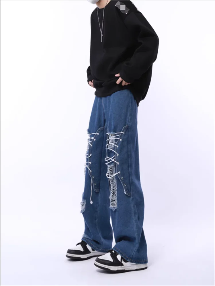 

2023 American vintage lace-up design feeling ripped wide-leg pants straight leg loose jeans for men and women