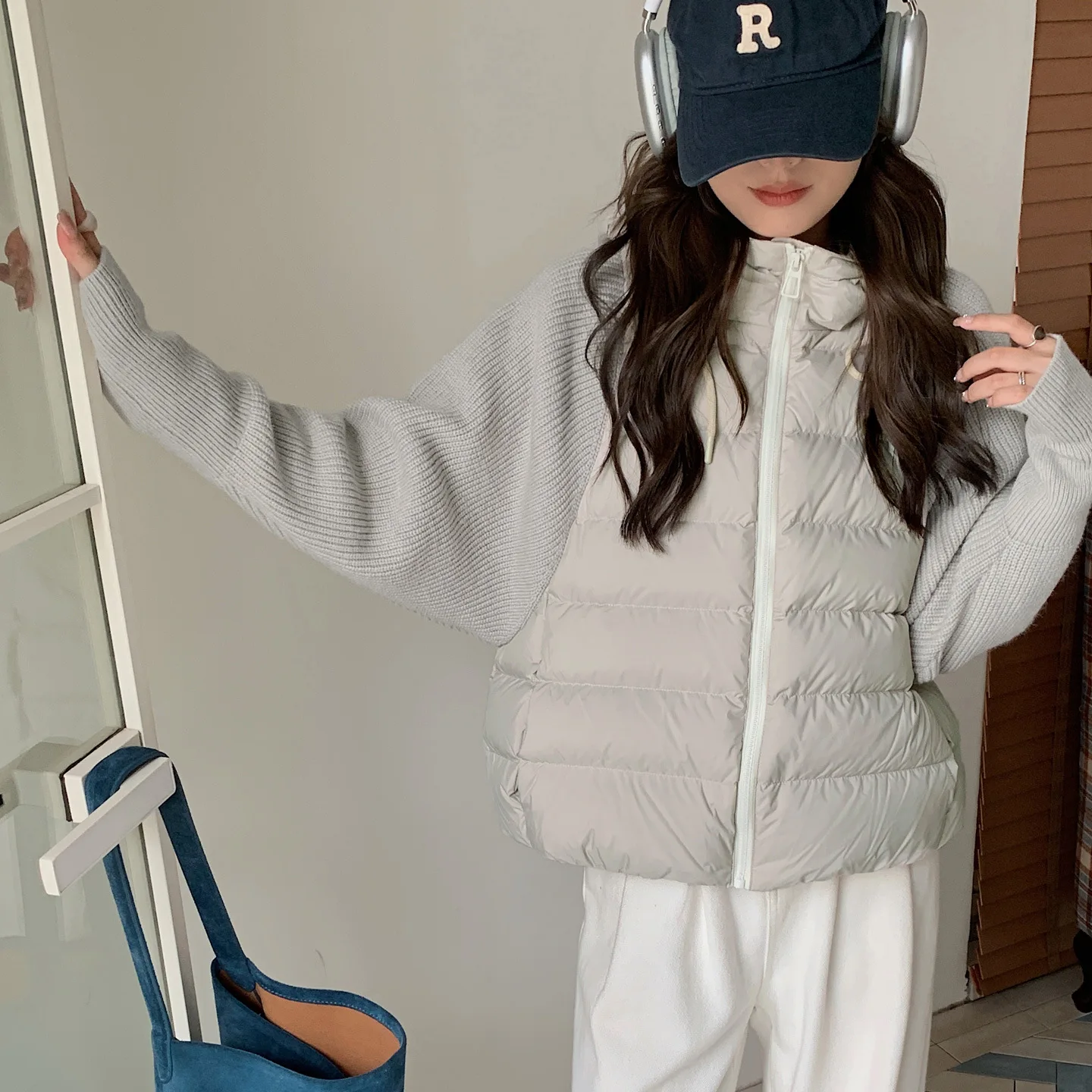 Women Knitted Spliced Parkas Coats Hooded Short Jacket Solid Zip Long Sleeve Straight Thin Office Lady Casual 2025 Autumn Winter