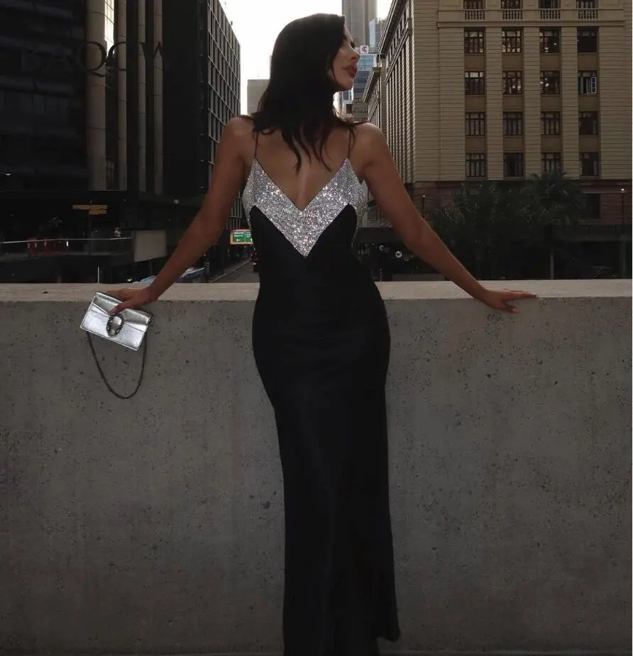 

Women Summer Sexy Deep V Neck Backless Crystal Black Diamonds Patchwork Maxi Long Bandage Dress Elegant Evening Club Party Dress