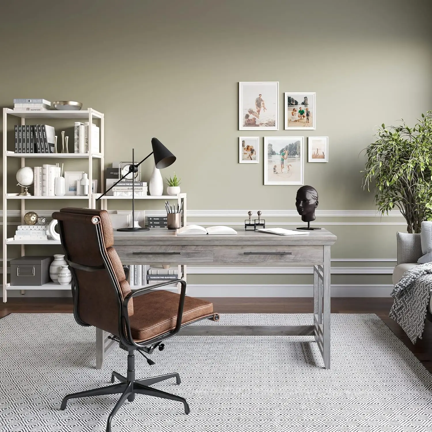 Wood Writing Desk Gray Wash 55 Inch with Drawers for Home Office - Modern Study Table Workstation - Norrell Collection