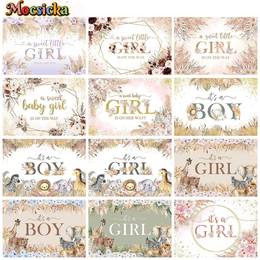 

Boho It's a Girl Boy Background Bohemian Pampas Grass Floral Baby Shower Newborn Birthday Backdrop Gender Reveal Party Supplies