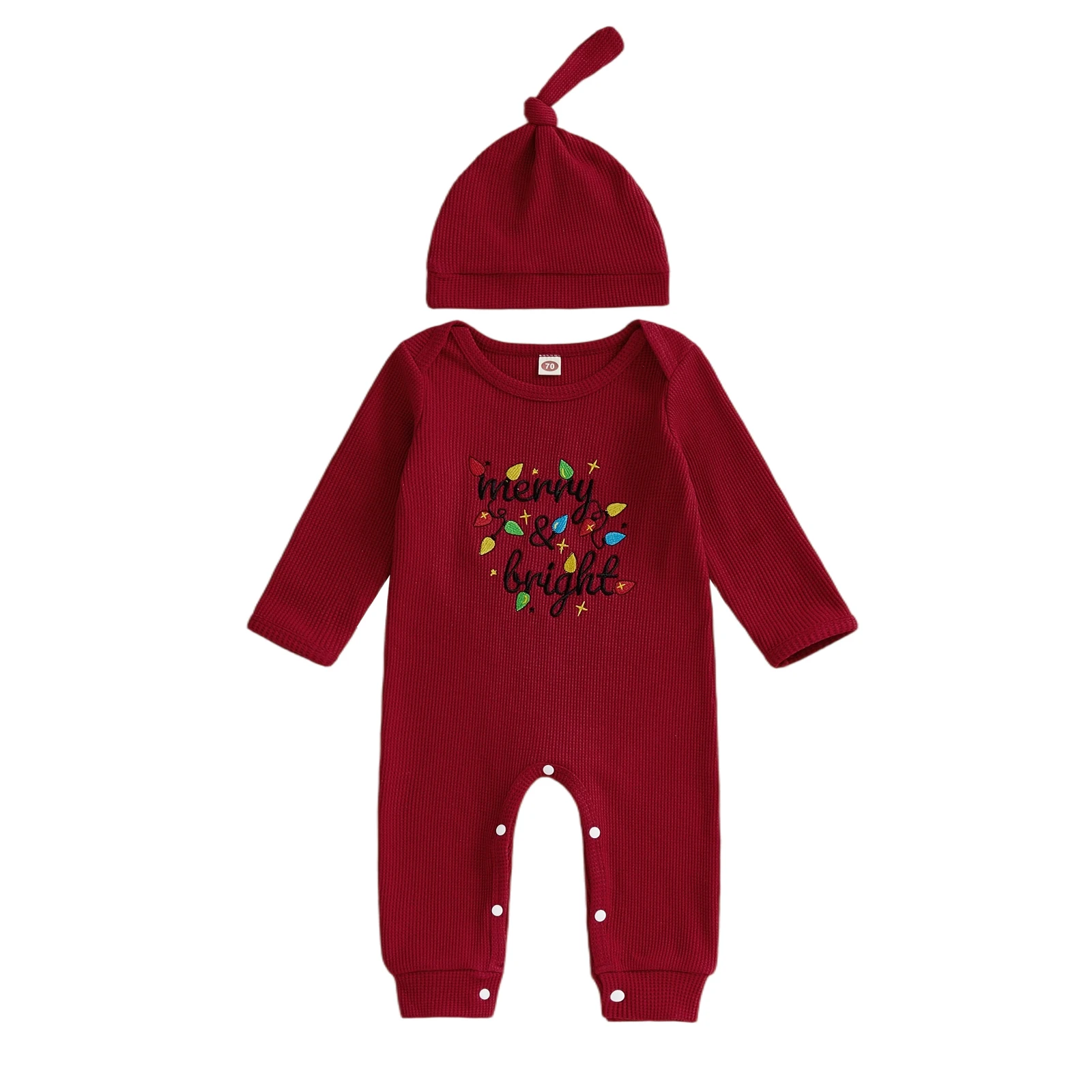 Baby Boy Christmas Waffle Romper Lights String Letter Embroidery Long Sleeve Round Neck Jumpsuit with Hat