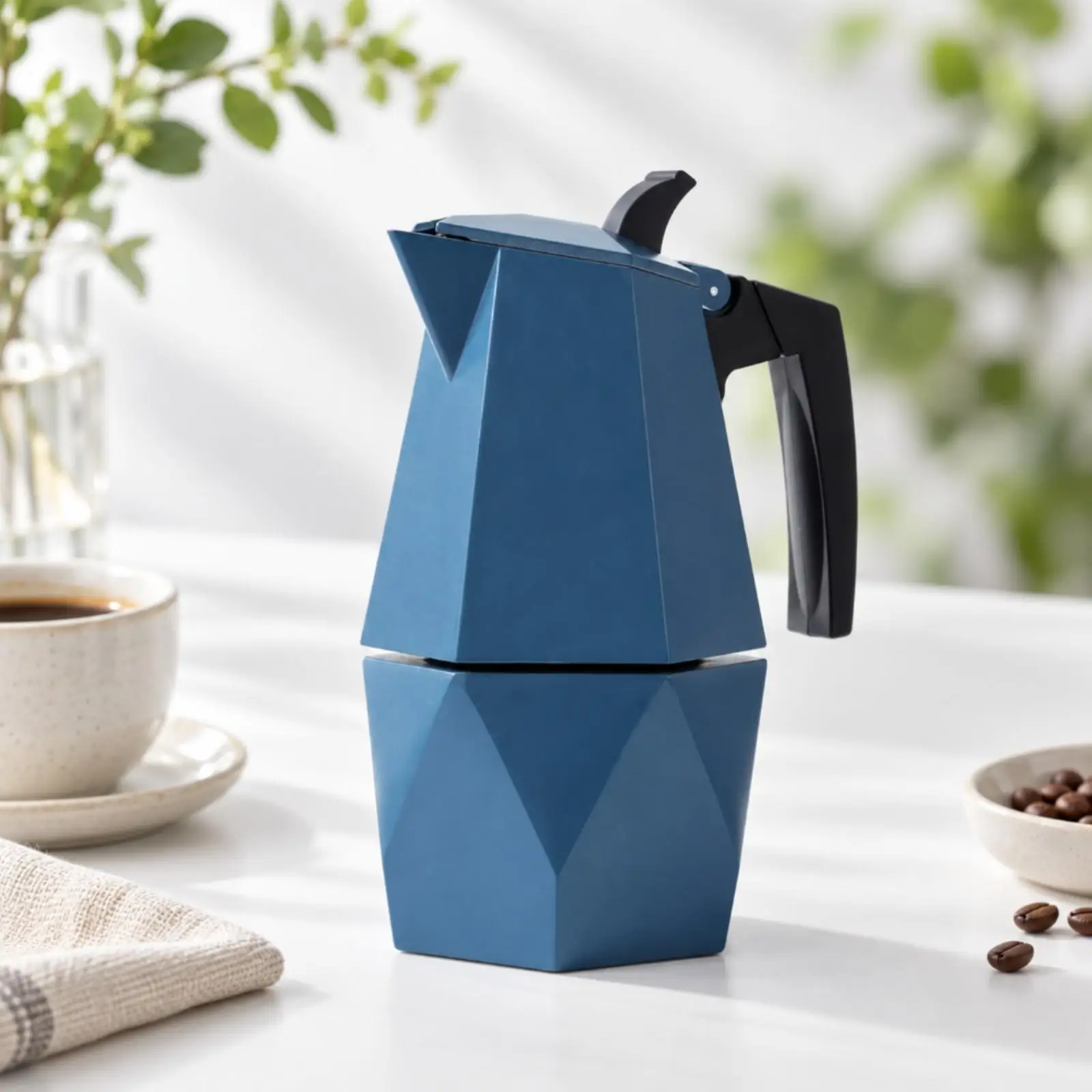 Stovetop Espresso Maker 200ml Coffee Percolator Peacock Blue Faceted Design Pressure Release Mechanism for Compact Living