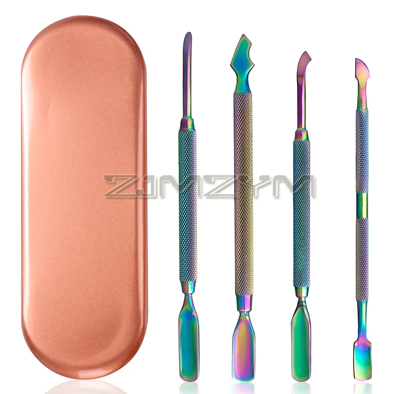 4 Pcs/set Stainless Steel Cuticle Pusher Double-Sided Anti-Slip Colored Titanium Dead Skin Remover Peeler Scraper Nail Art Tool