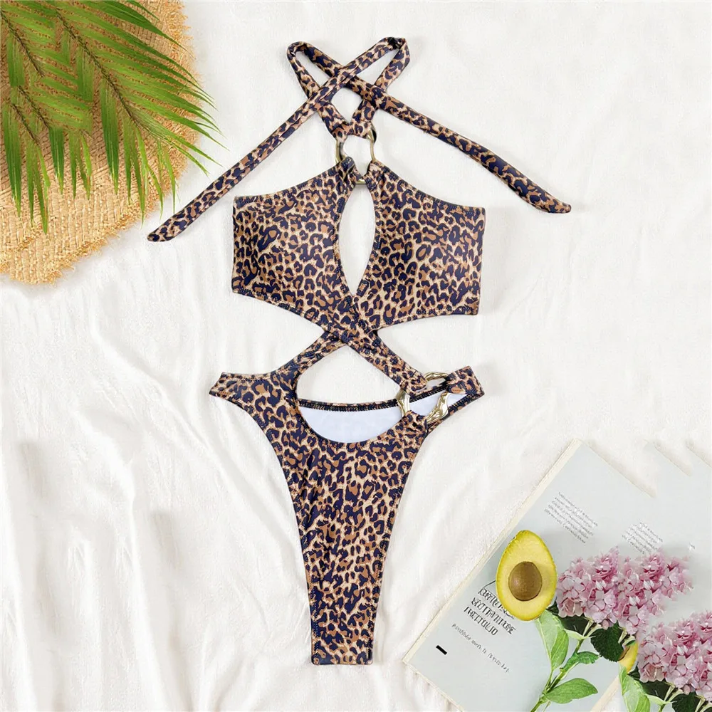 Leopard Print Halter Backless Swimwear One Piece Swimsuit Woman 2026 Cross Bandage Hollow Out Monokini Metal Ring Bathing Wear