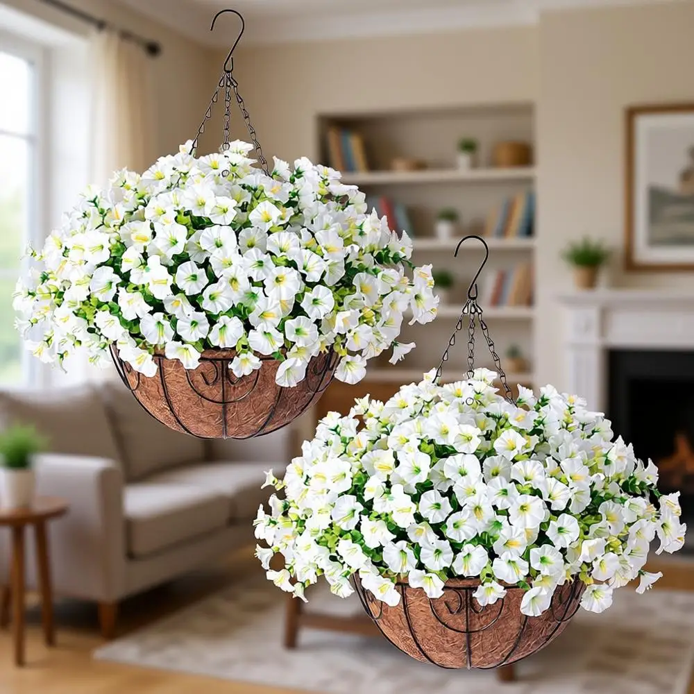 

Искусственные подвесные корзины с 24 цветами ипомеи из УФ-стойкого шелка для декора веранды и патио на открытом воздухе