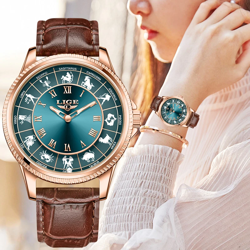 

LIGE Retro Elegant Quartz Women's Watches Fashion Simple Casual Constellation Dial Waterproof Luminous Woman Ladies Watch Gifts