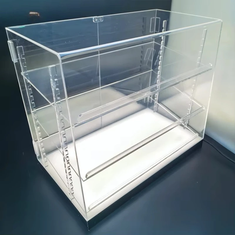 Transparent acrylic cake display box with LED lighting base,adjustable shelf,acrylic cabinet can store bread,pastries,croissants