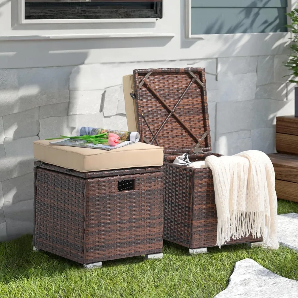 

2 Piece Outdoor Patio Ottomans, All-Weather Brown PE Rattan Wicker Storage, Footstool Seat w/Thick Cushion, Built-in Handle