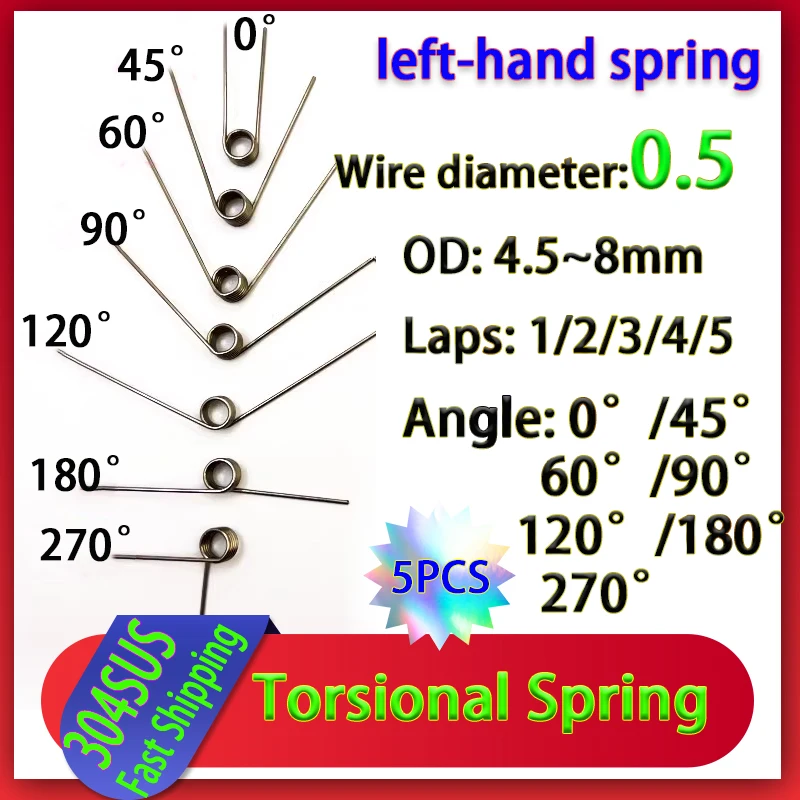 

5Pcs Wire diameter 0.5 Left rotation torsion spring 304 stainless steel torsion spring number of turns 1/2/3/4/5 turns