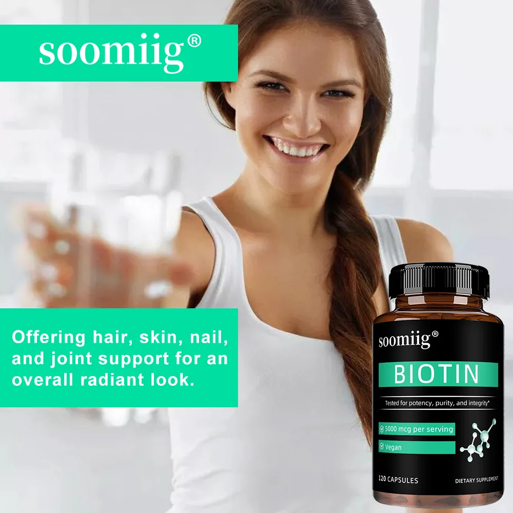 نباتي بيوتين 5000 مكجم - يساعد على تعزيز الشعر الصحي والجلد والأظافر، 30/60/120 كبسولة نباتية، غير وراثيًا