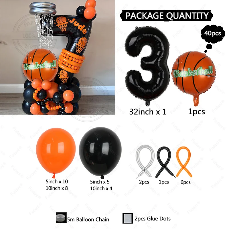 Set di 40 palloncini in lattice nero arancione con numero nero Palla da basket in alluminio per decorazioni per feste con palloncini di compleanno