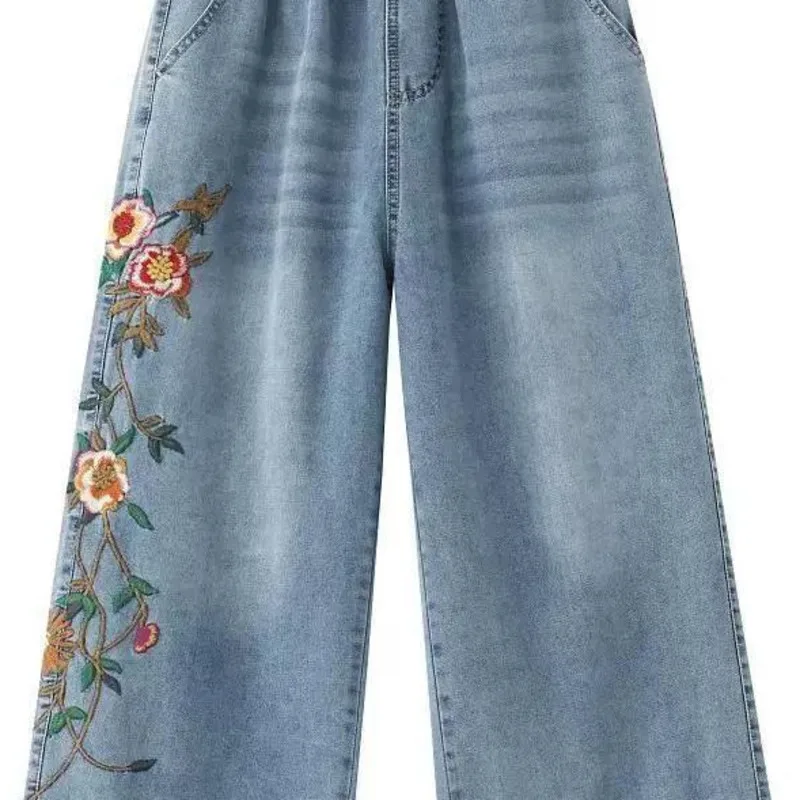 Women Retro Floral Embroidered Cowboy Wide Leg Pants 2025 Spring Summer Casual Elastic High Waist Jeans Loose Denim Pants