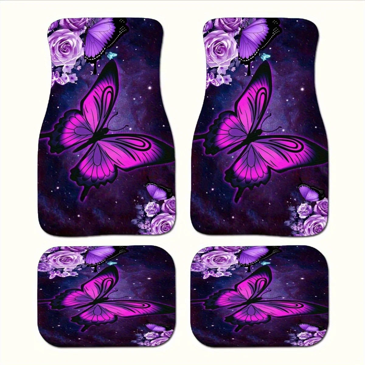 

4pcs Purple Butterfly Pattern Car Floor Mats, Front & Rear Full Coverage Auto Interior Accessories, Crystal Velvet Vehicles Floo