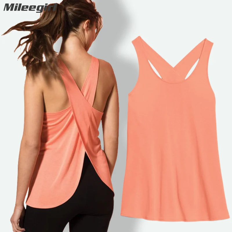 Mileegirl Cross Back Gym Top Women\'s Fitness Shirt Sleeveless Quick Dry Sports Yoga Vest Crop Top Workout Tops for Women