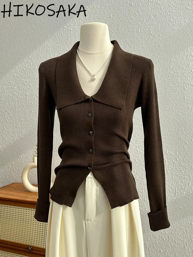 

Vintage Long Sleeve Knit Cardigan Chic Elegant Turn-down Collar Slim Fit Long Sleeve Jumpers Single Breasted Solid Sweaters