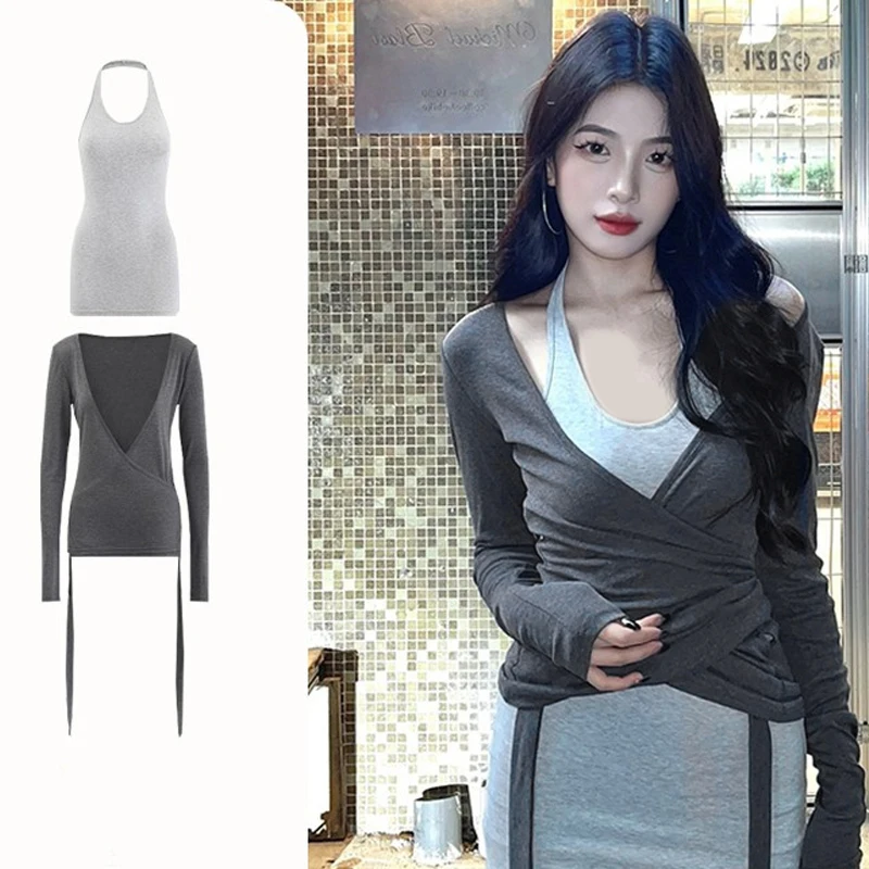 Suit Women Autumn Grey Halter Mini Dress V-neck Long Sleeve Tops Two-piece Set