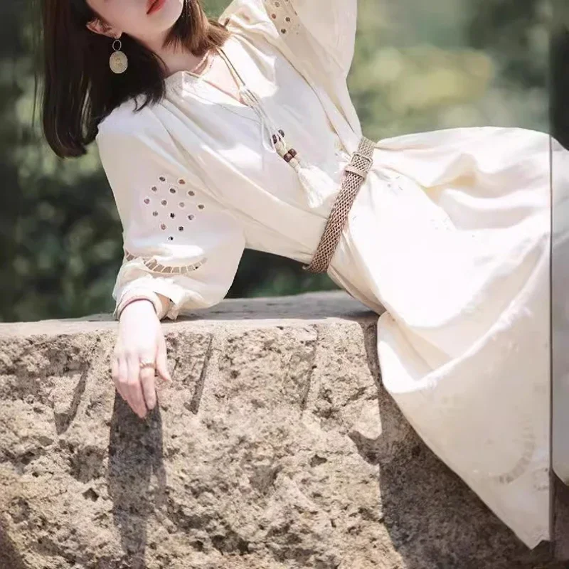 Boho ilhó bordado branco midi vestido elegante verão solto ajuste vestido estilo férias