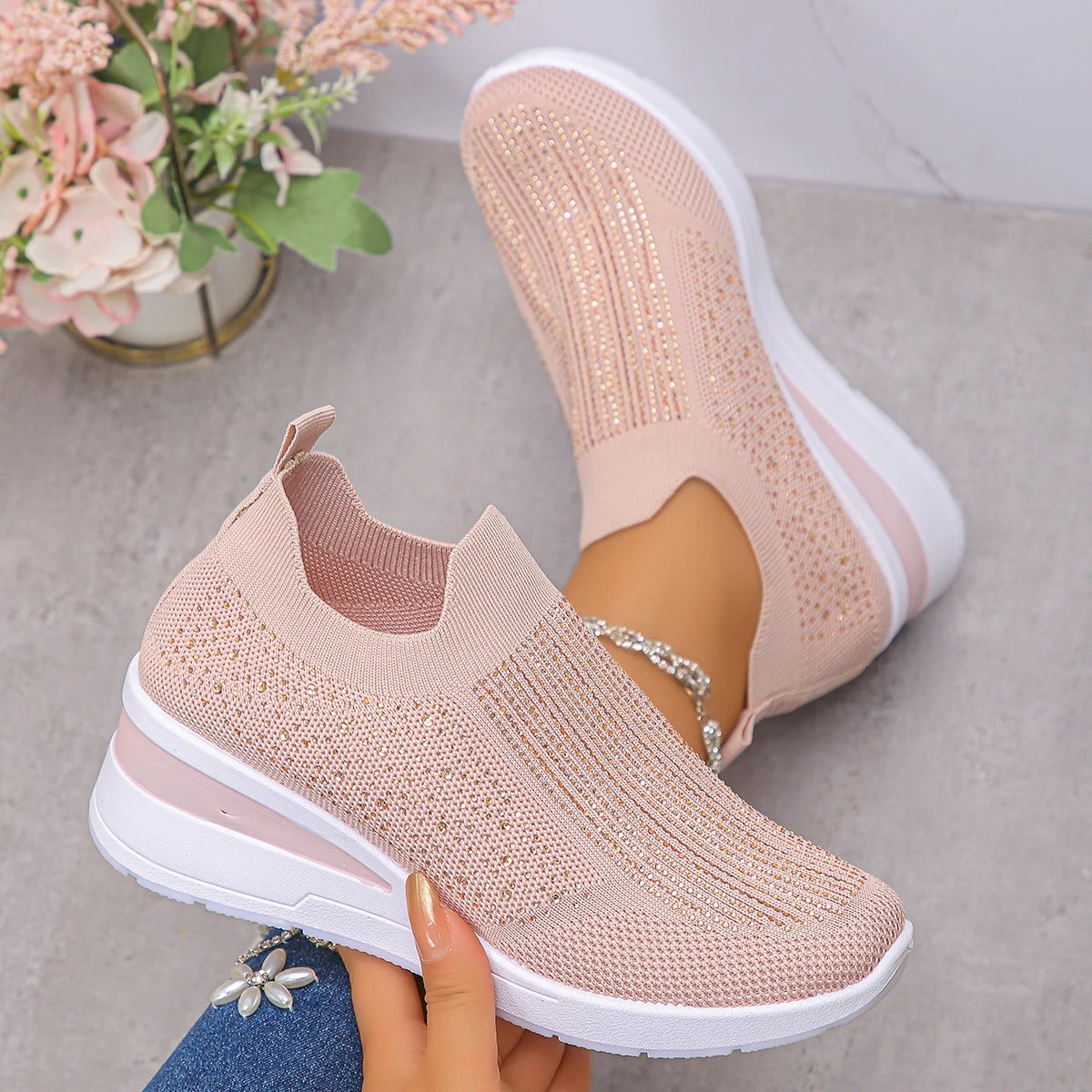 الخريف النساء حجر الراين أحذية رياضية موضة تنفس شبكة الانزلاق على أحذية رياضية مسطحة في الهواء الطلق أسافين عادية أحذية فلكنيز النساء #4