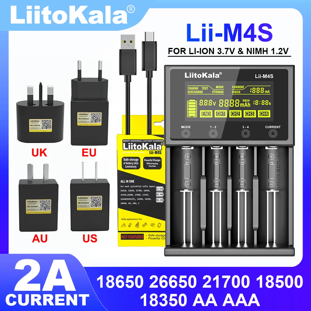 Liitokala Lii-S12 Lii-M4S 18650 Battery Charger,Charging 18350 18500 32700 20700B 21700 10440 26650 1.2V 3.7V 9V AA /AAA Ni-MH