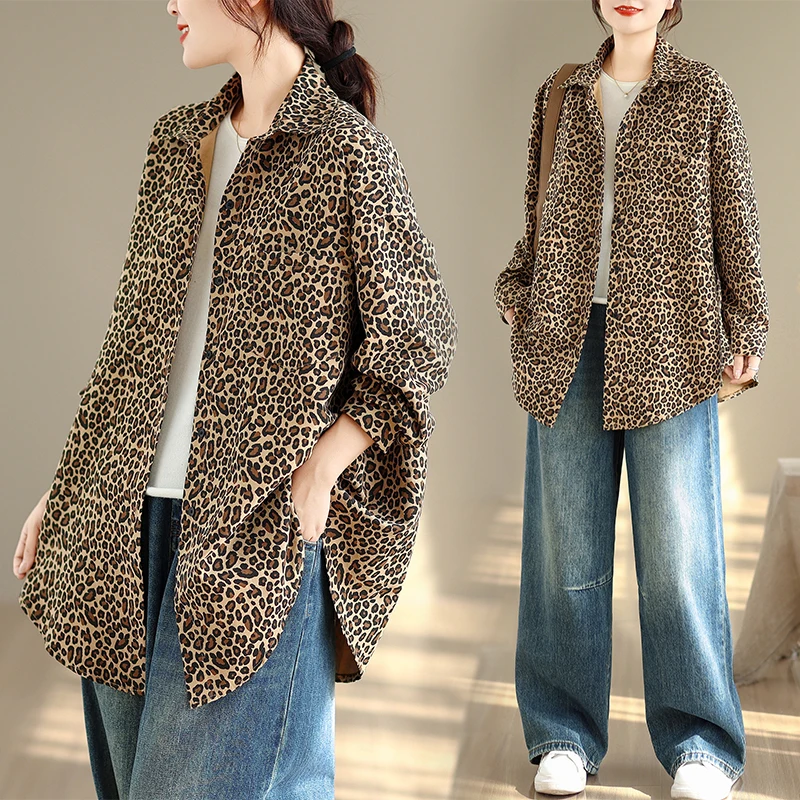 

Loose Fit Long Sve Leopard Print irt Jaet Women's Spring Autumn Faion Casual Cotton Polyester Blend Top Coat