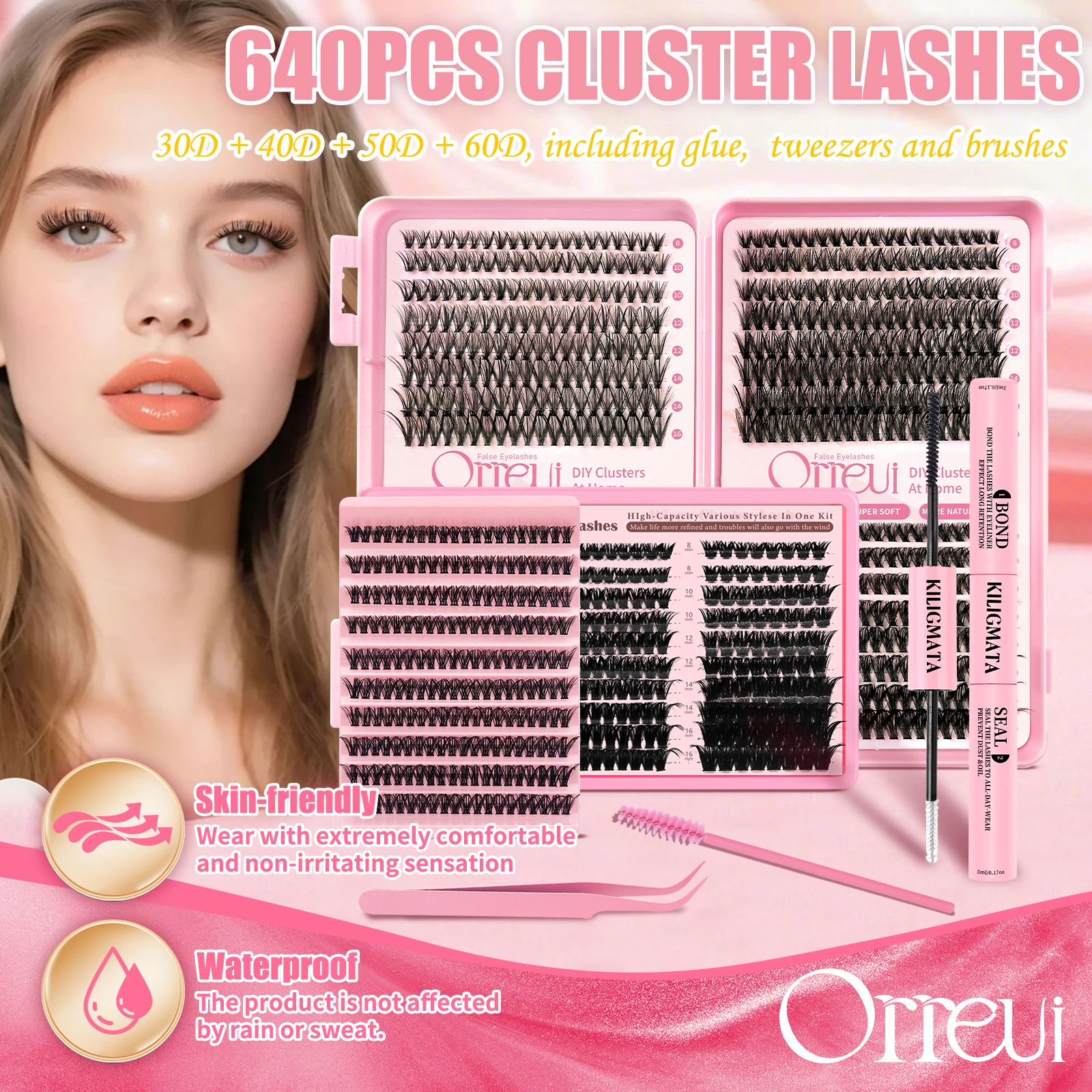 Natürliche Flauschige Wimpernbüschel-Set D-Curl 30D-60D Einzelne Wimpernverlängerungen mit Wimpernkleber und Versiegelung für Tägliches Tragen