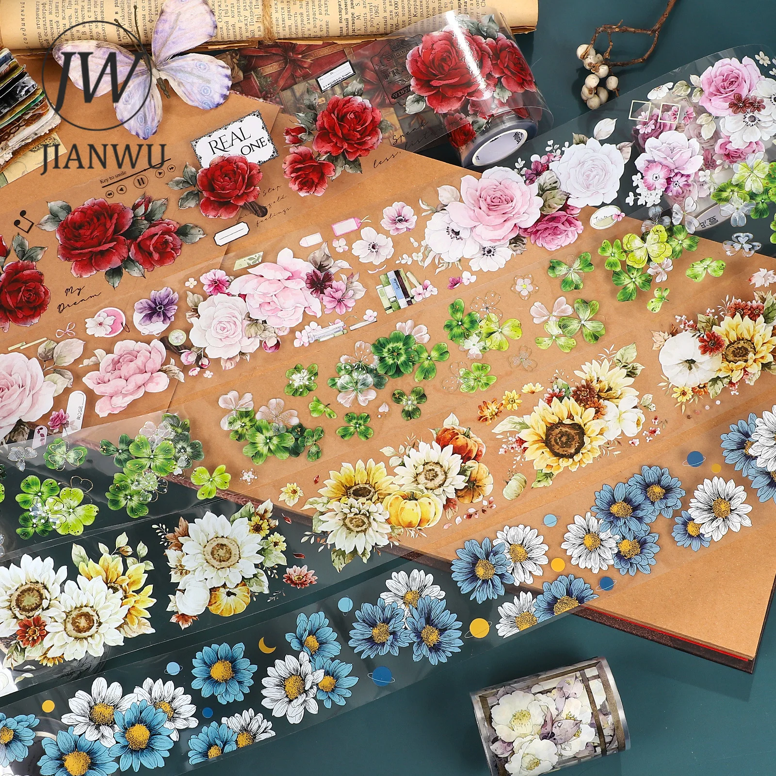 

JIANWU 500cm/600cm Vintage Flower Landscape Material Collage Scrapbook PET Tape Creative DIY Journal Stationery