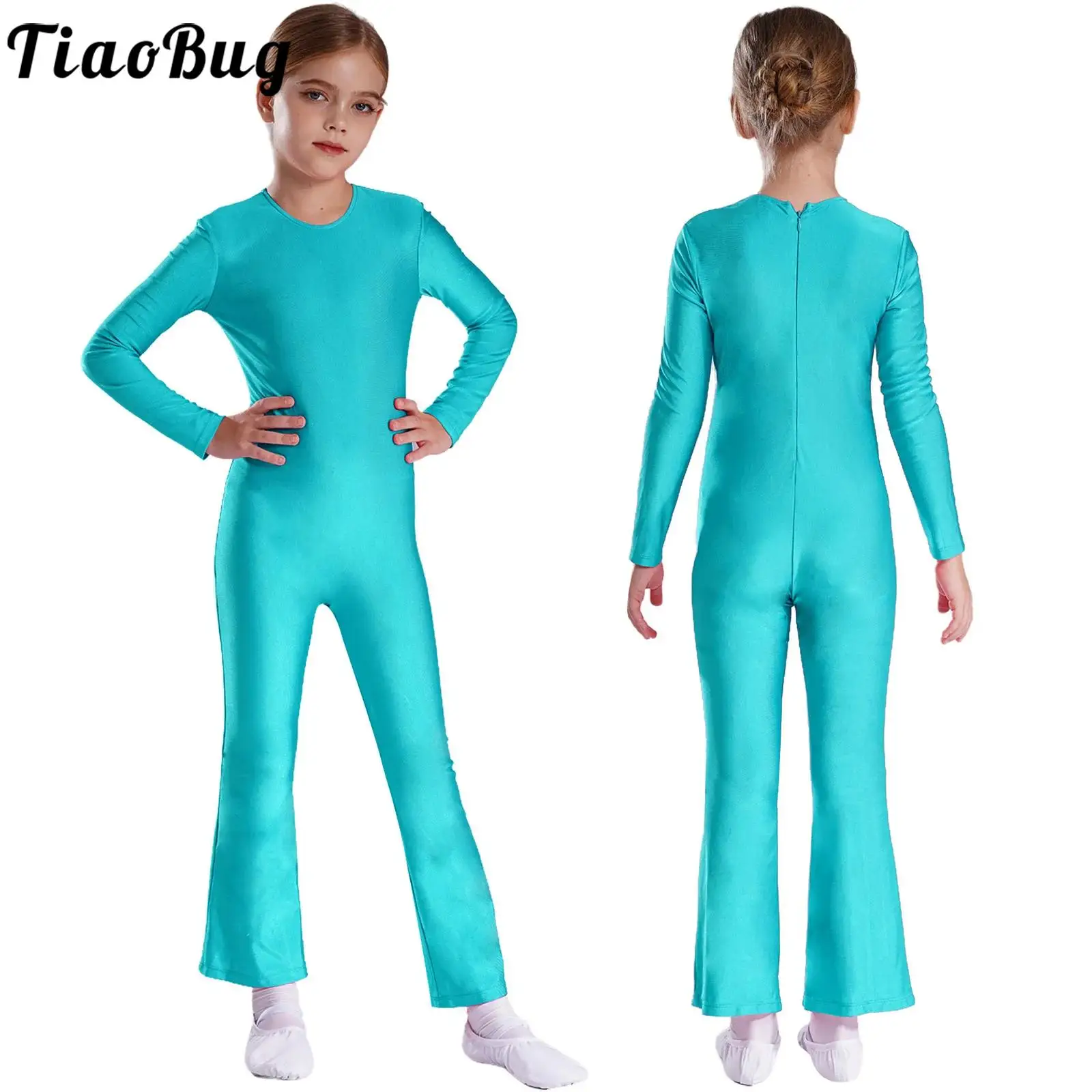 

Girls Boy Ballet Suit Long Sleeve Ballet Gymnastics Jumpsuit Dance Stretch Zipper Bell Bottom Pants Full Body Suit Practice Wear