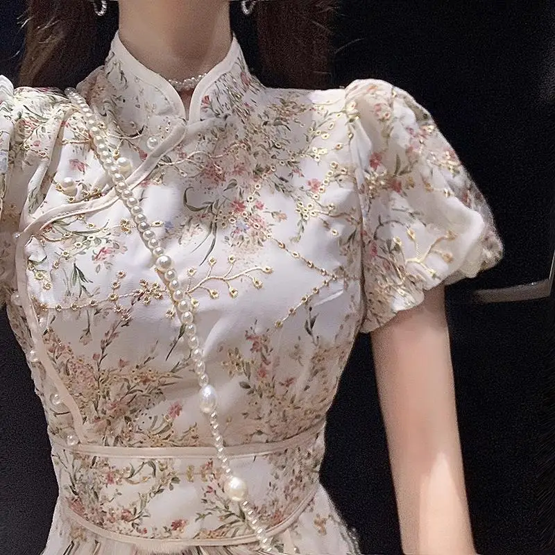 Vintage Floral Dress Women Puff Sleeve Split Design Midi Dress Female Korean One-piece Dress Summer Women\'s Clothing 2023