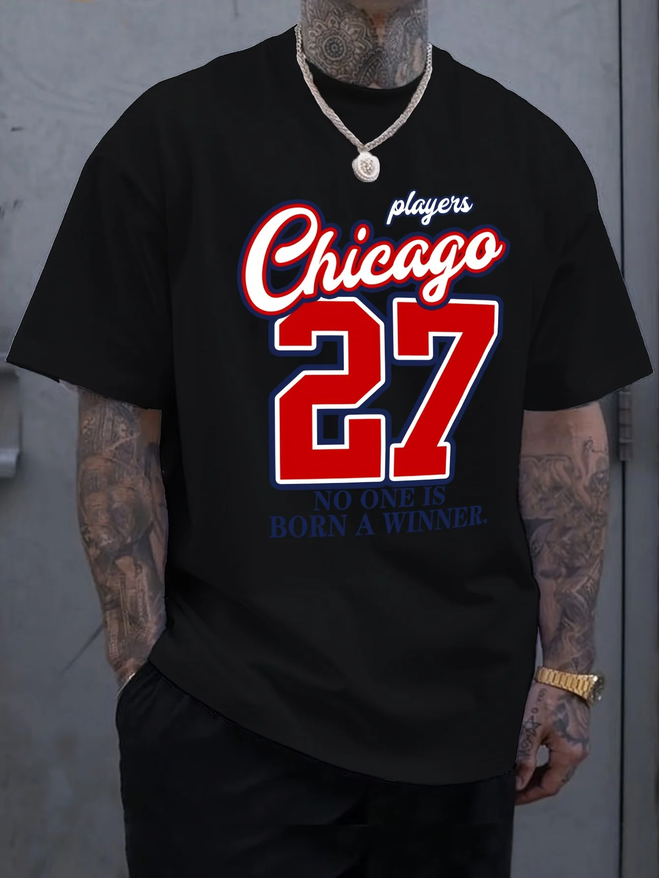 American men's summer Chicago 27 character print micro elastic breathable round neck T-shirt outdoor city street sports top