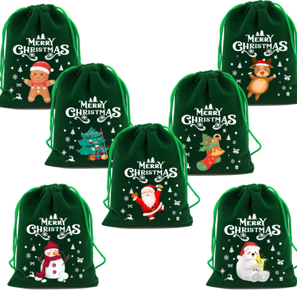 5PCS Green Christmas Velvet Bags Bracelet Jewelry Storage Drawstring Pouch Candy Snack Gift Bag 5 Size Xmas