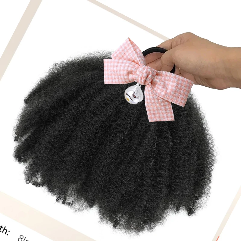 2 Packs bell checkered bow hair clip Kid Ponytail Double Afro Puffs Kinky Curly Hair Bun Natural Black Synthetic Hair