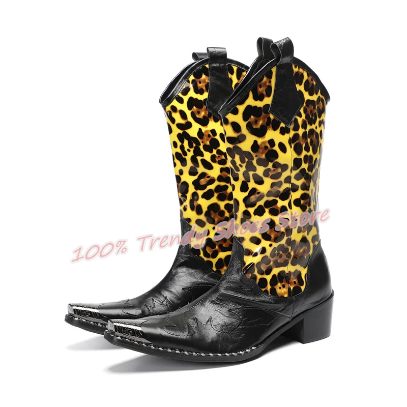 Sexy Leopard Print Genuine Leather Boots for Men Rivet Metal Square Toe Chunky Heel Western Boots Male Slip-On Motorcycle Boots