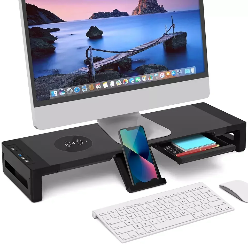 Organizer with USB 3.0 Data Transmission for PC Monitor Riser Stand with Wireless Charging