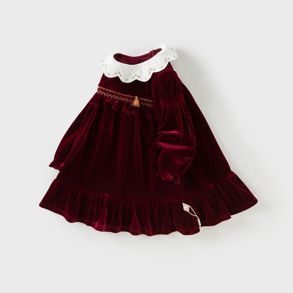 ديف بيلا الأطفال فستان أحمر مخملي الخريف لطيف سحر الحلو لطيف الفتاة فستان الأميرة حفلة ريترو في الهواء الطلق DB3253130