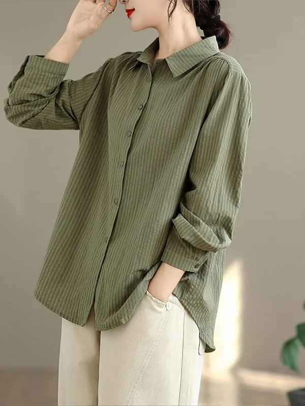 خريف 2025 قطن طويل Sve للنساء irt عتيق طبقة قاعدة مخططة بأزرار وياقة غير متماثلة مقاس كبير